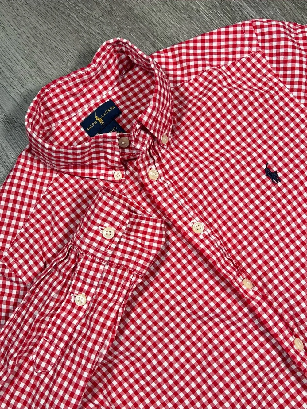 Ralph Lauren Boys Gingham Check Button Down Dress Shirt Long Sleeve M 10-12 Red